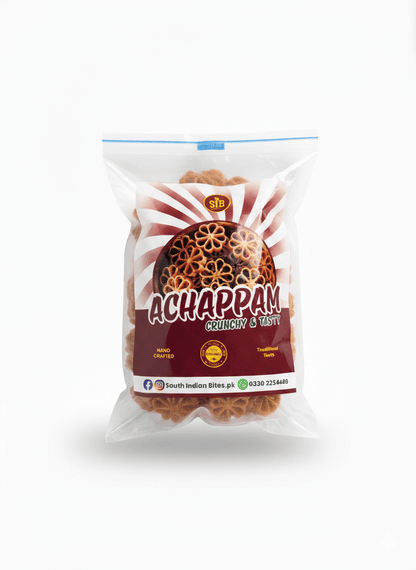 A retail snack bag featuring Achappam (rose cookies), showing their distinctive flower-like shape through the packaging.