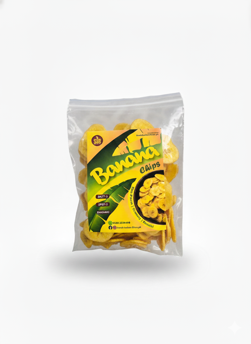 Packaged banana chips with brand logo on a white background