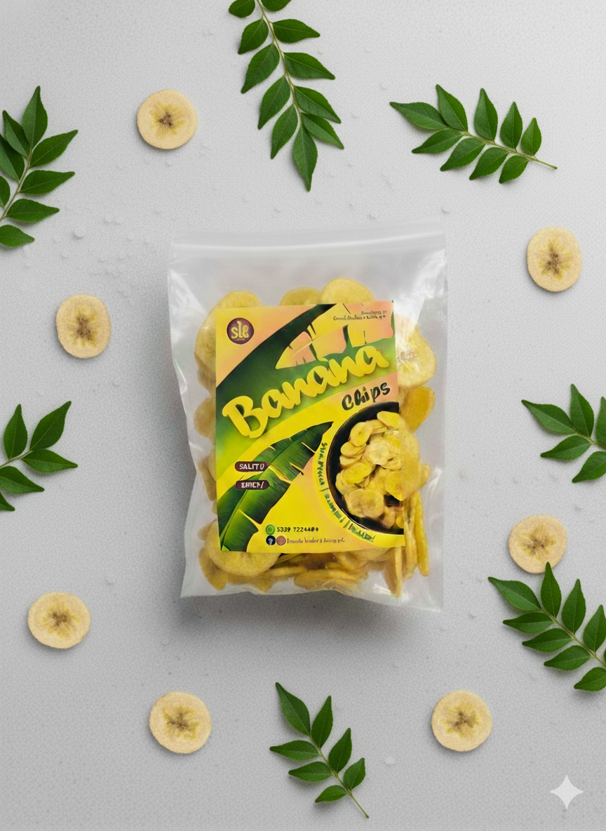 Packaged banana chips with a brand logo on a light gray background with banana slices and leaves.