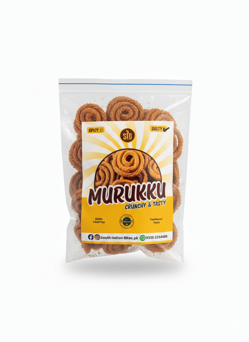 A clear snack packet containing crunchy, spiral-shaped Murukku savory treats.