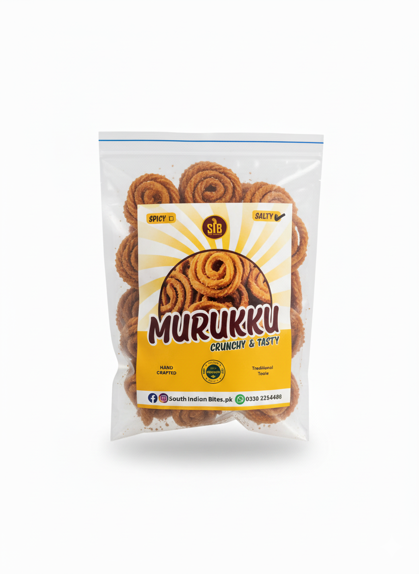 Packaged murukku with a yellow label on a white background