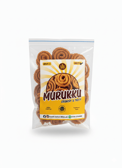 A clear snack packet containing crunchy, spiral-shaped Murukku savory treats.