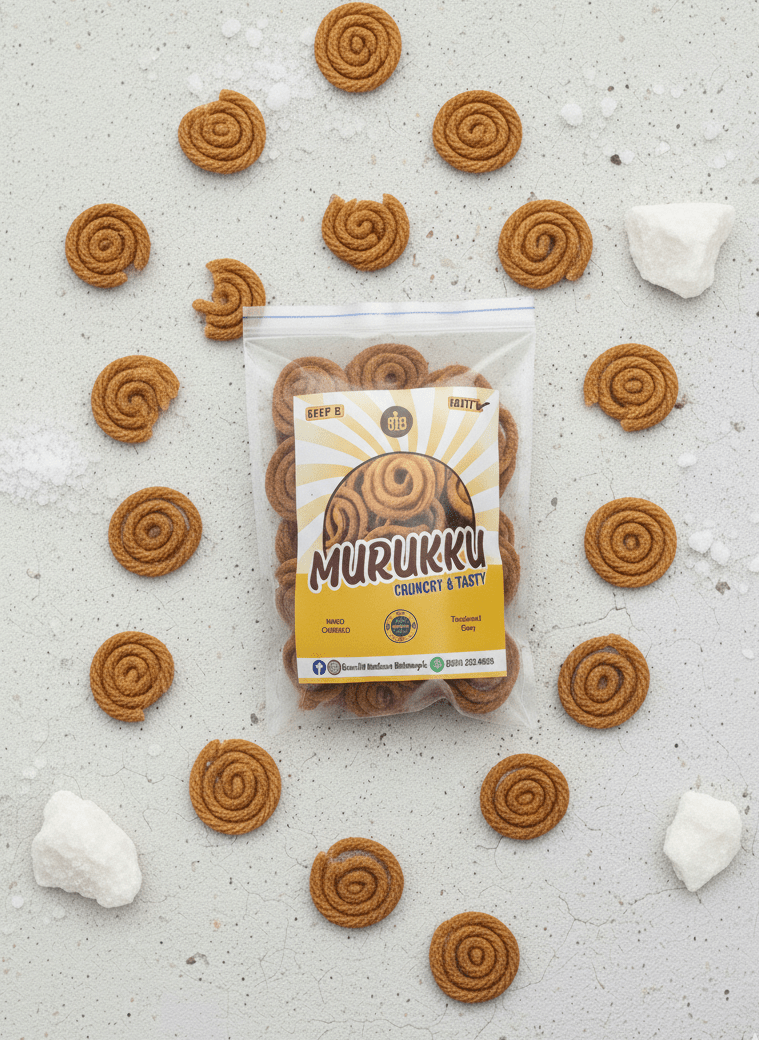 Handcrafted salty Murukku snack rings in clear packaging with loose pieces on a white surface.