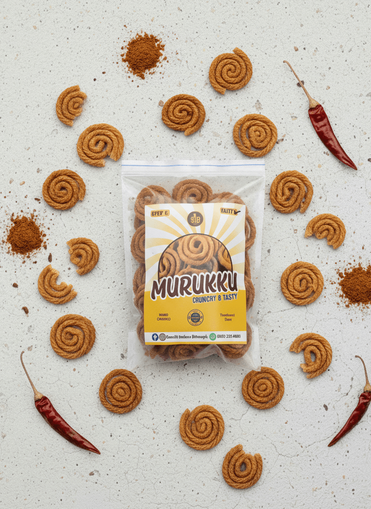A bag of spicy Murukku snacks surrounded by loose crispy Murukku pieces and dried red chilies.