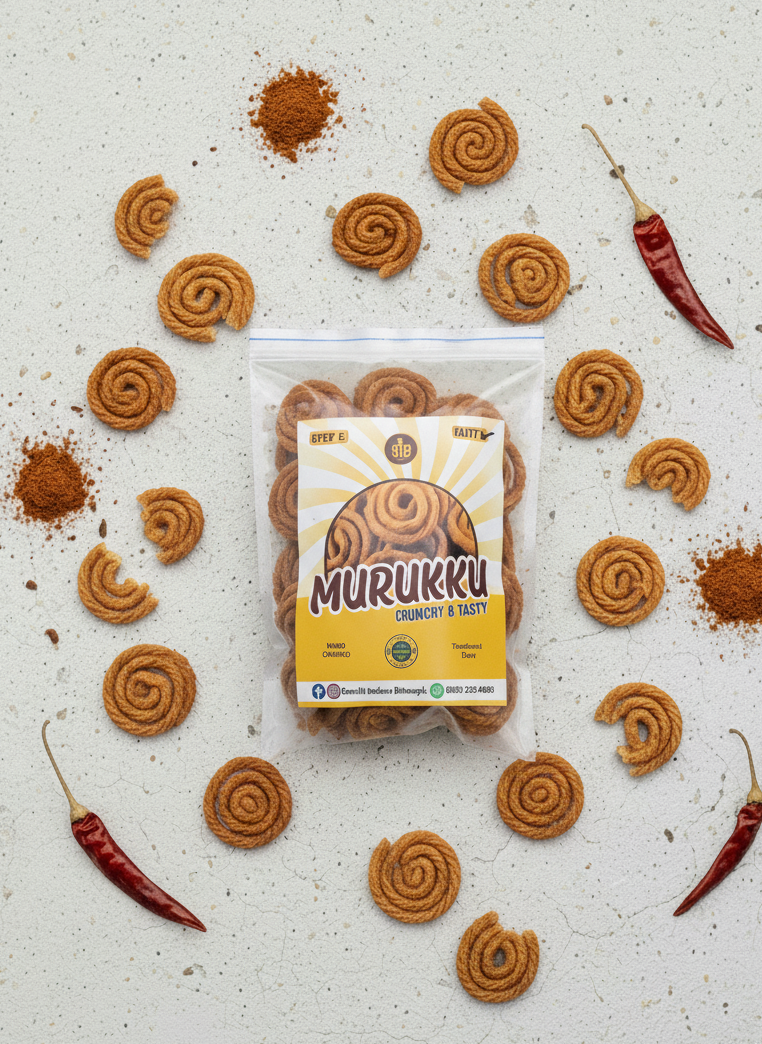 Packaged Murukku snack with scattered pieces on a textured surface with spices and chilies.