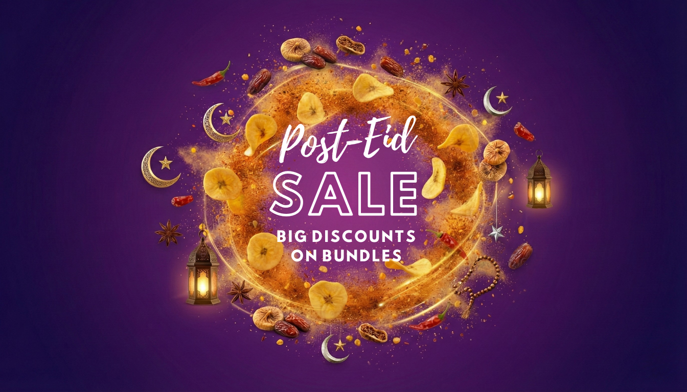 Promotional graphic for a Post-Eid sale with a purple background and text overlay.